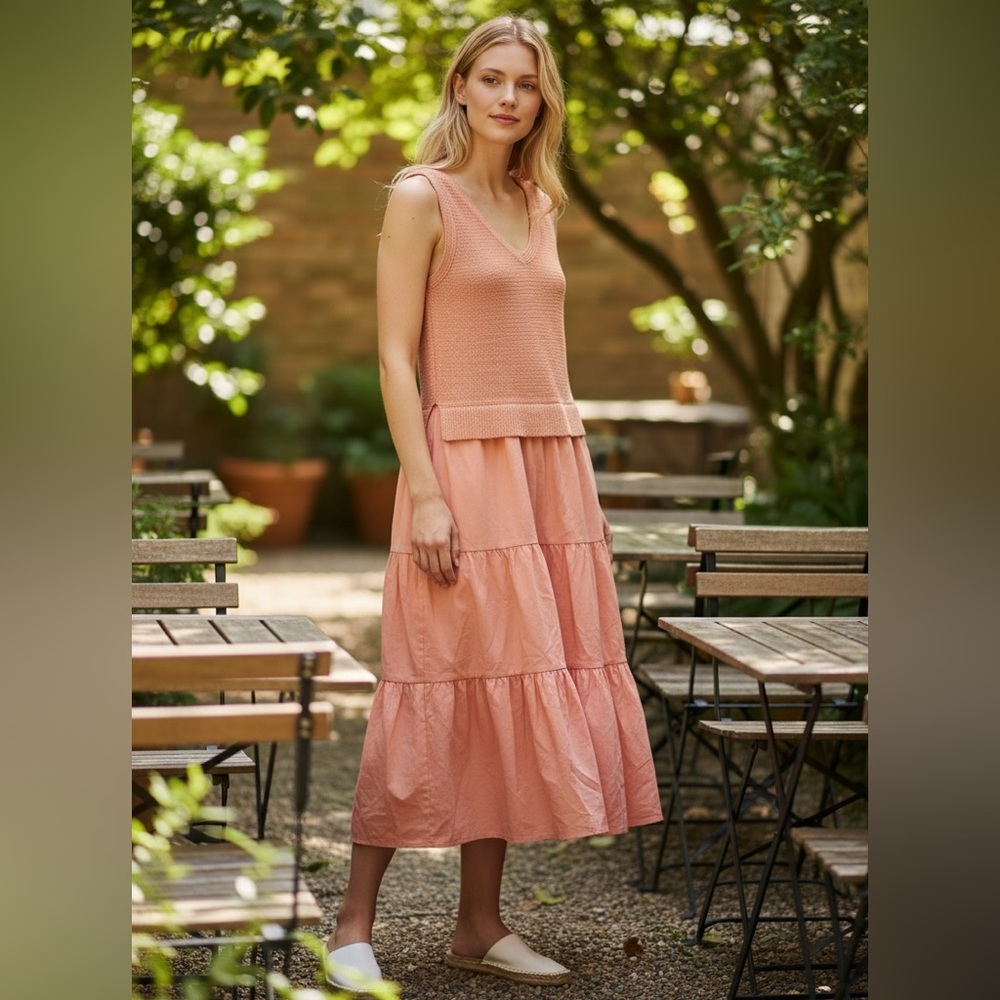 NWOT Cynthia Rowley Peach Blush Mixed Media Dress Knit Bodice Tiered Ruffle L